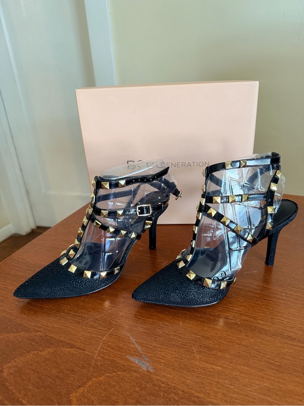 BCBGeneration Black Studded Pointed-Toe Heels with Clear Straps